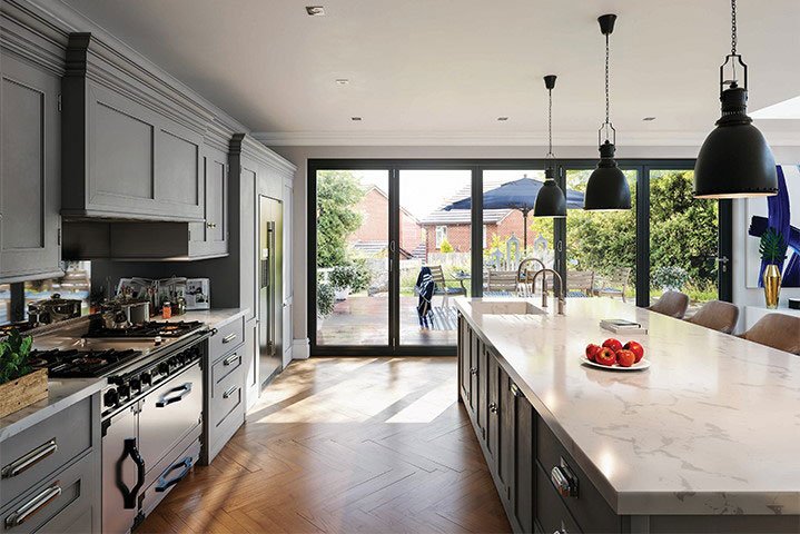 Bi-fold doors made from premium-grade aluminium, with a sightline of 49mm